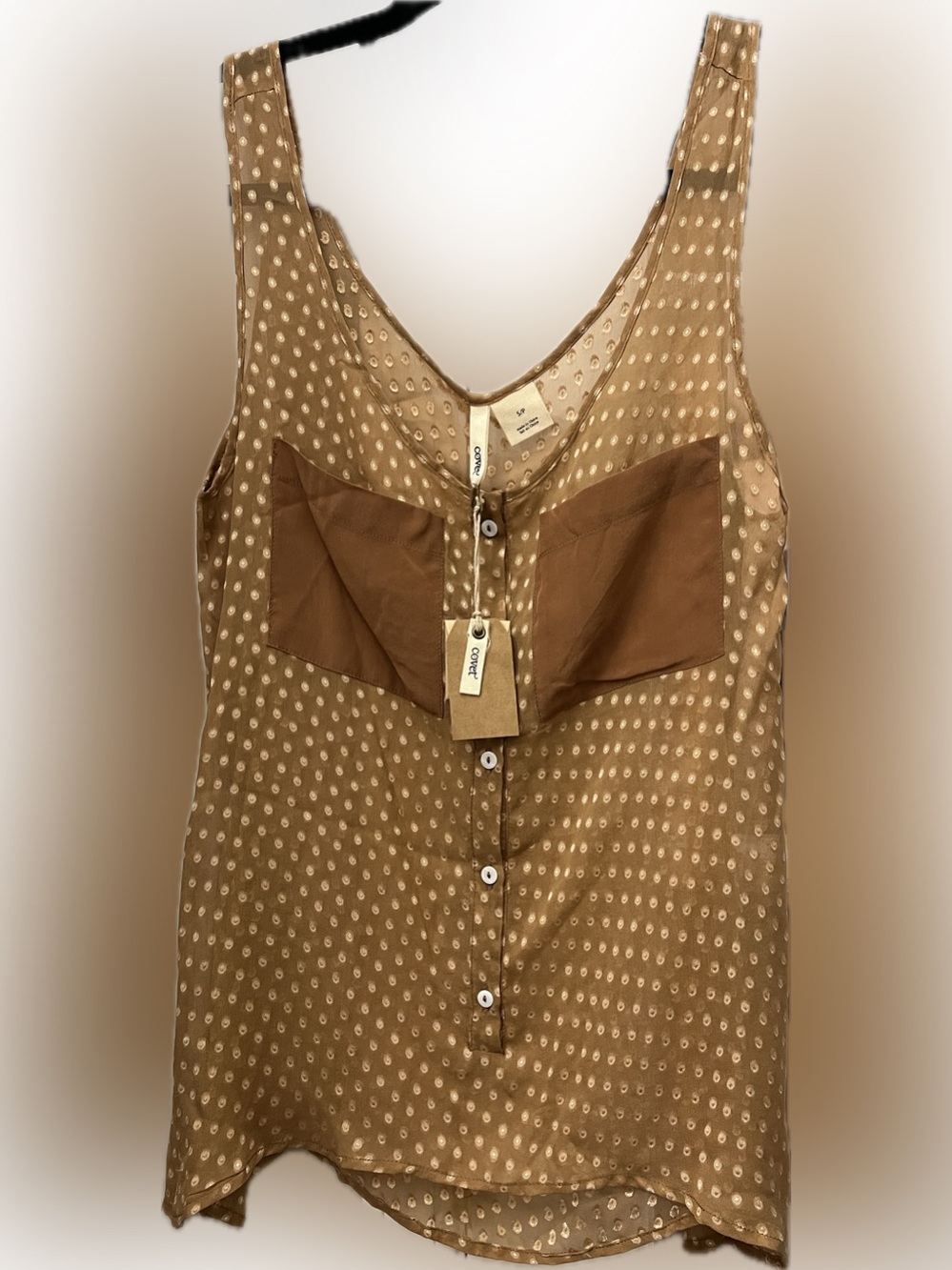 Covet Polka Dot Tan Button-Front silk Camisole with Contrast Pockets Sz S NWT